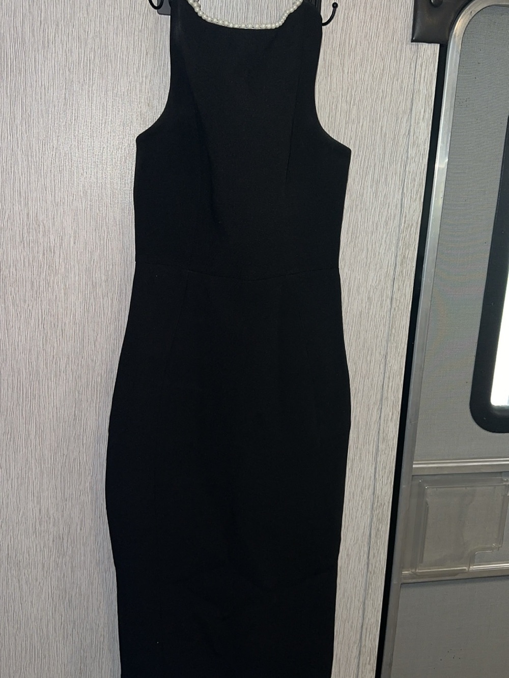 Strapless Black Dress with White Pearl-Trim Bow - Picture 4 of 5